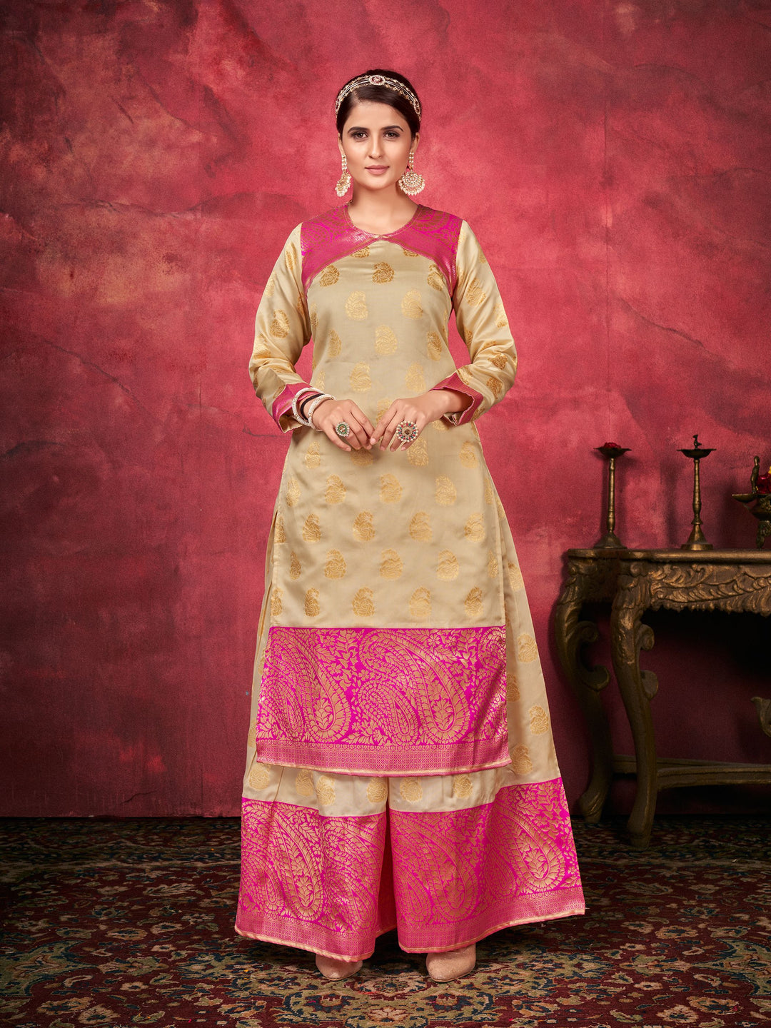 Beige Plazzo Suit Set | Art Silk Top & Bottom with Georgette Dupatta