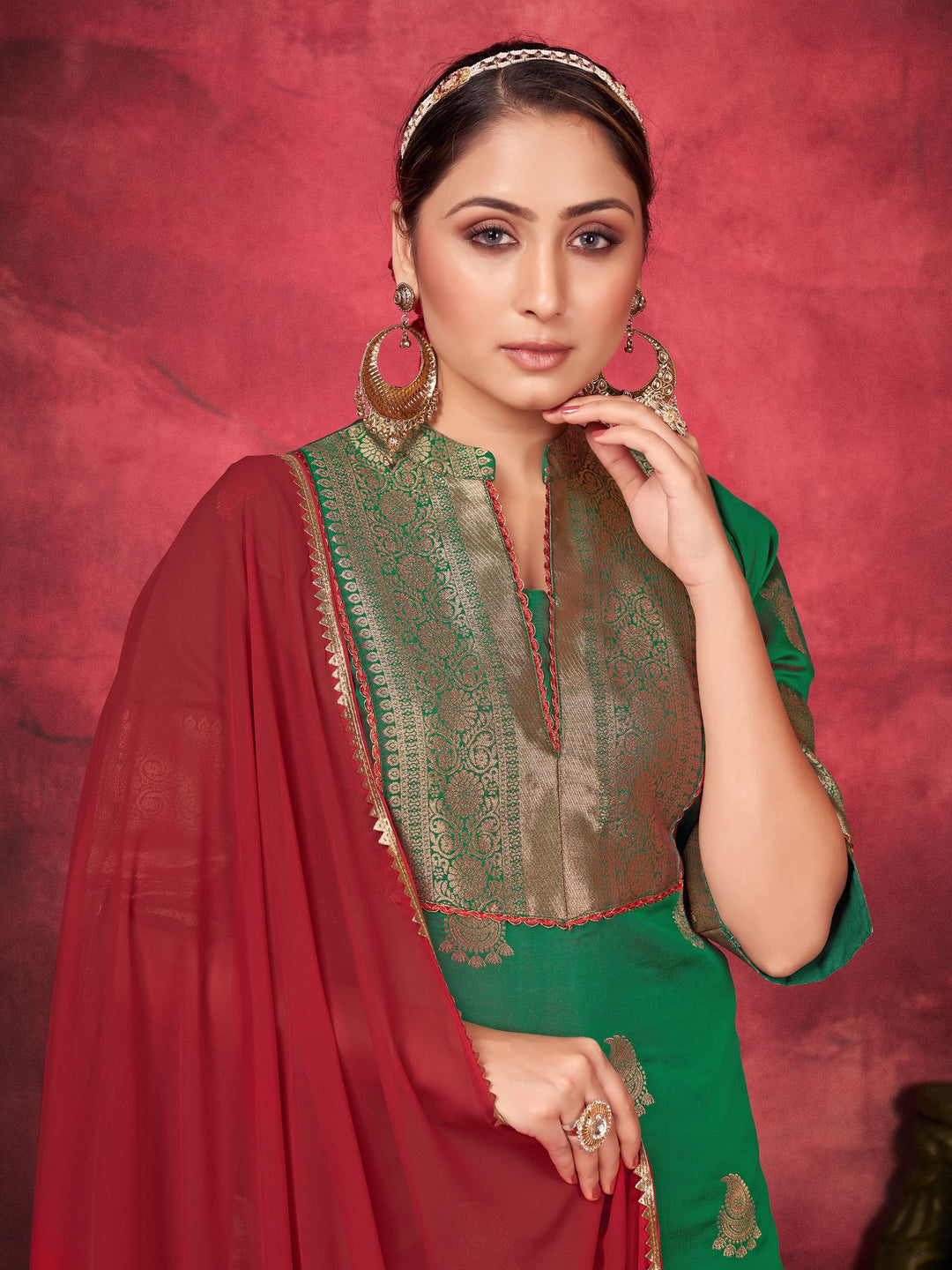 Green Art Silk Readymade Plazzo Suit | Wevon Designer with Georgette Dupatta