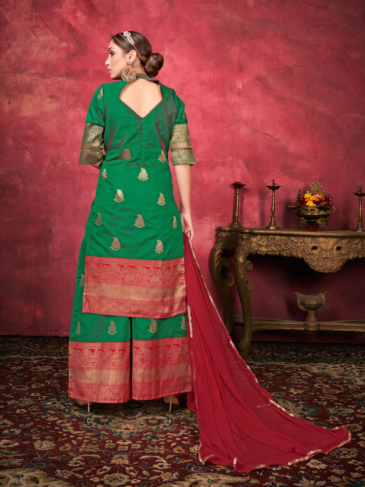 Green Art Silk Readymade Plazzo Suit | Wevon Designer with Georgette Dupatta