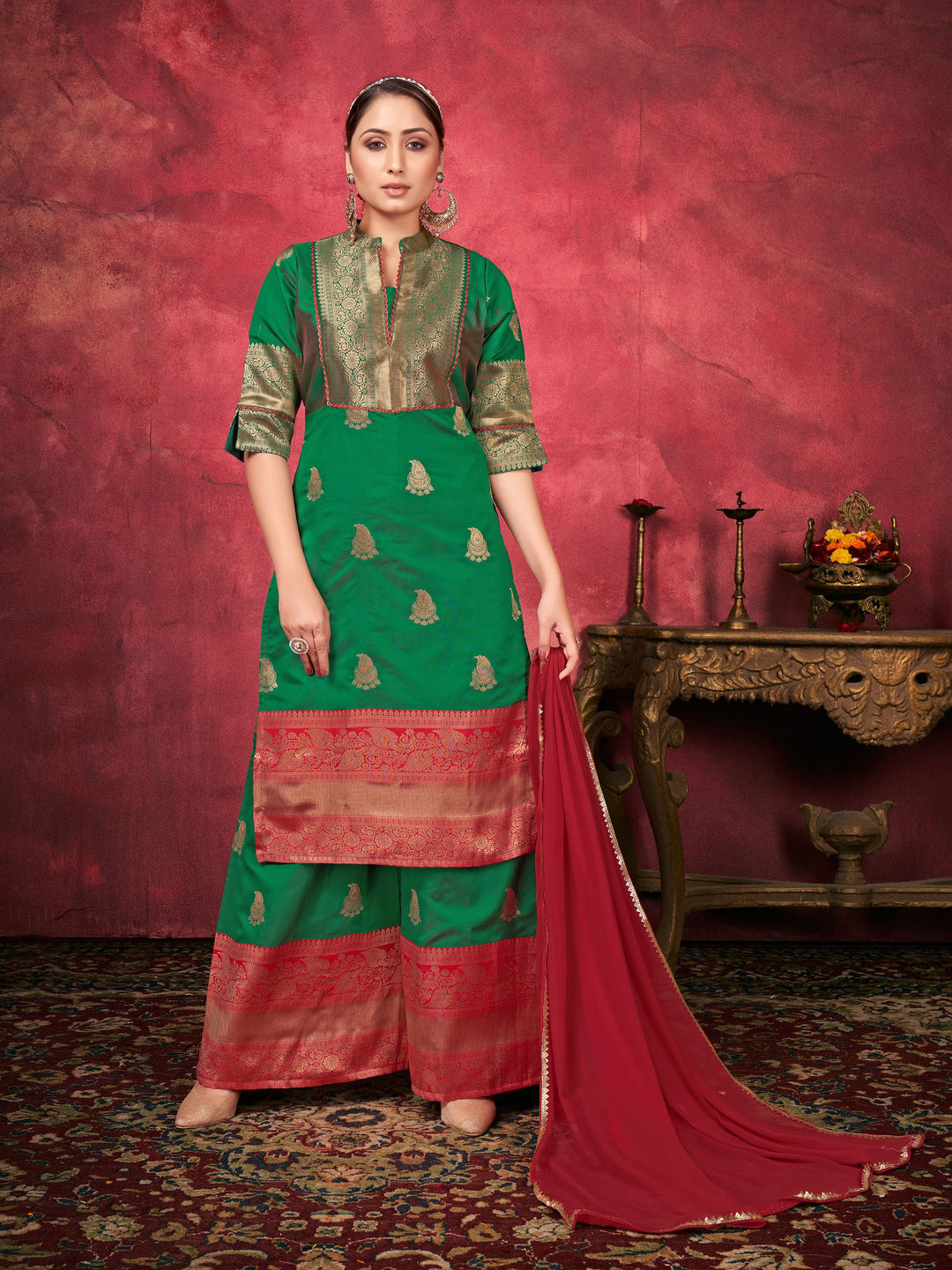 Green Art Silk Readymade Plazzo Suit | Wevon Designer with Georgette Dupatta