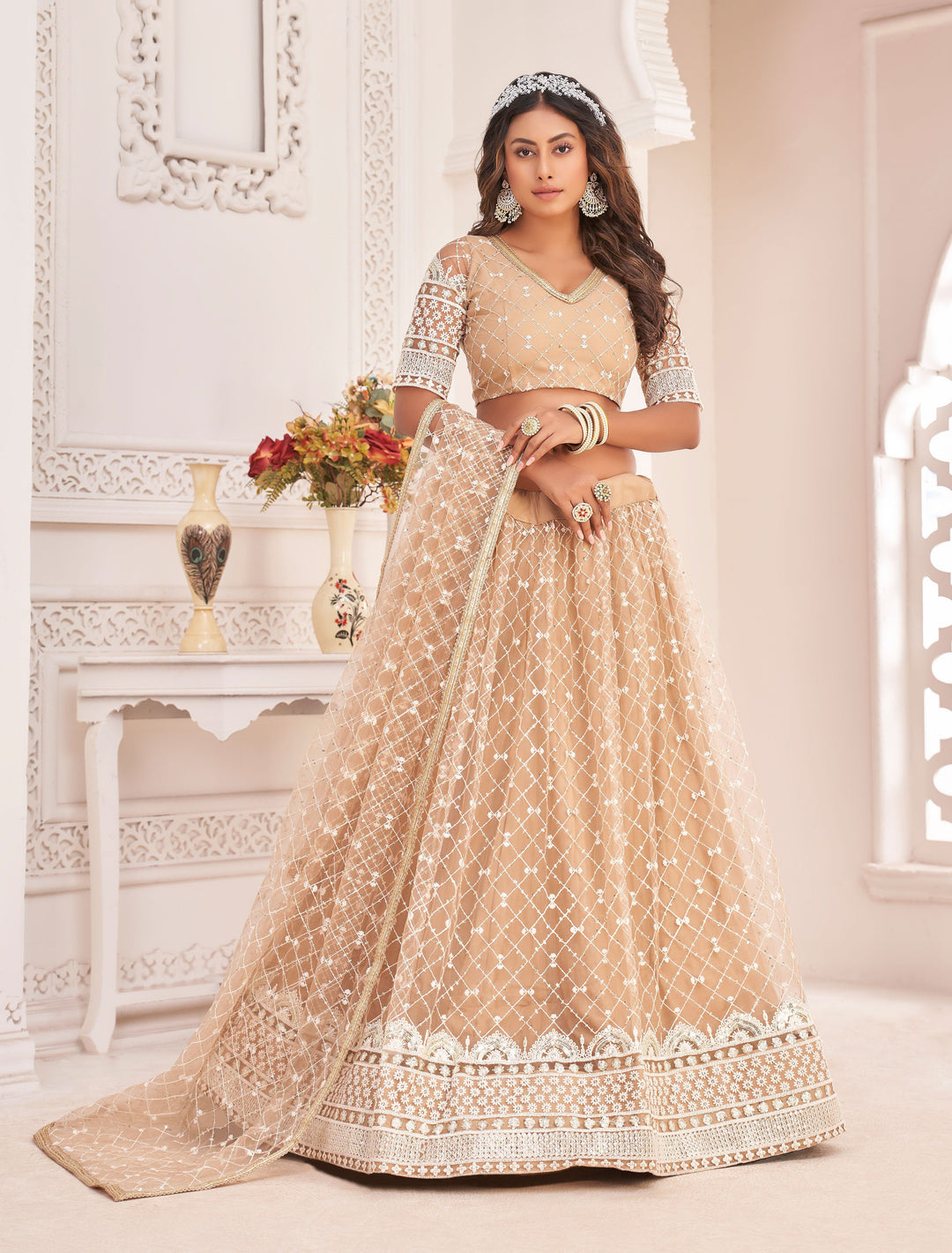 Beige Butterfly Net Lehenga Choli with Sequins & Embroidery | Wedding Party Wear