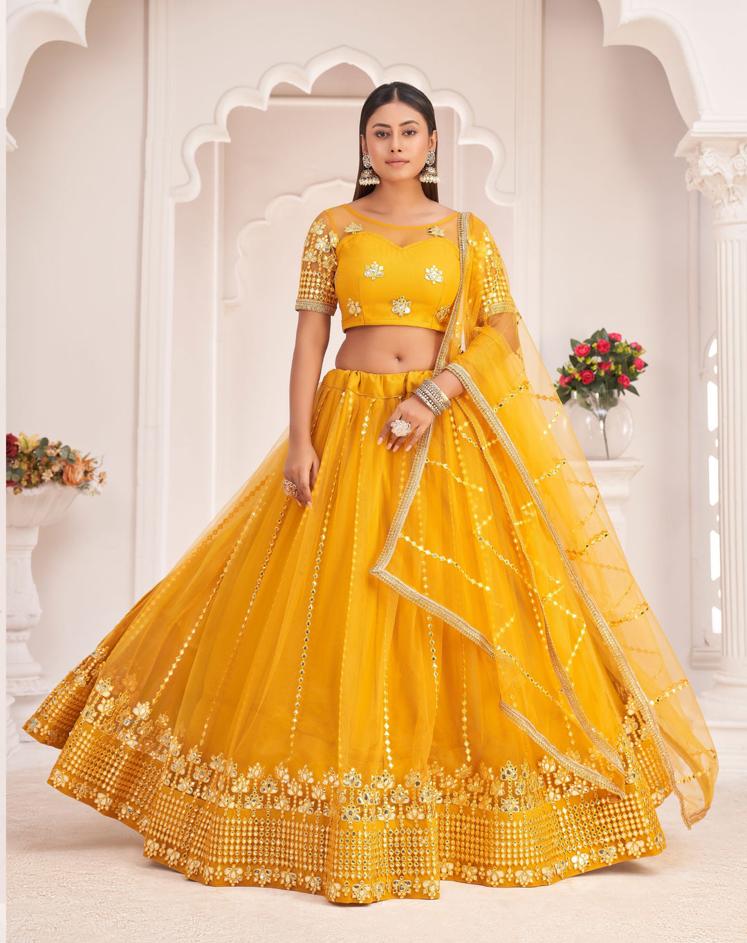 Mustard Butterfly Net Lehenga Choli with Sequins & Embroidery | Wedding Wear