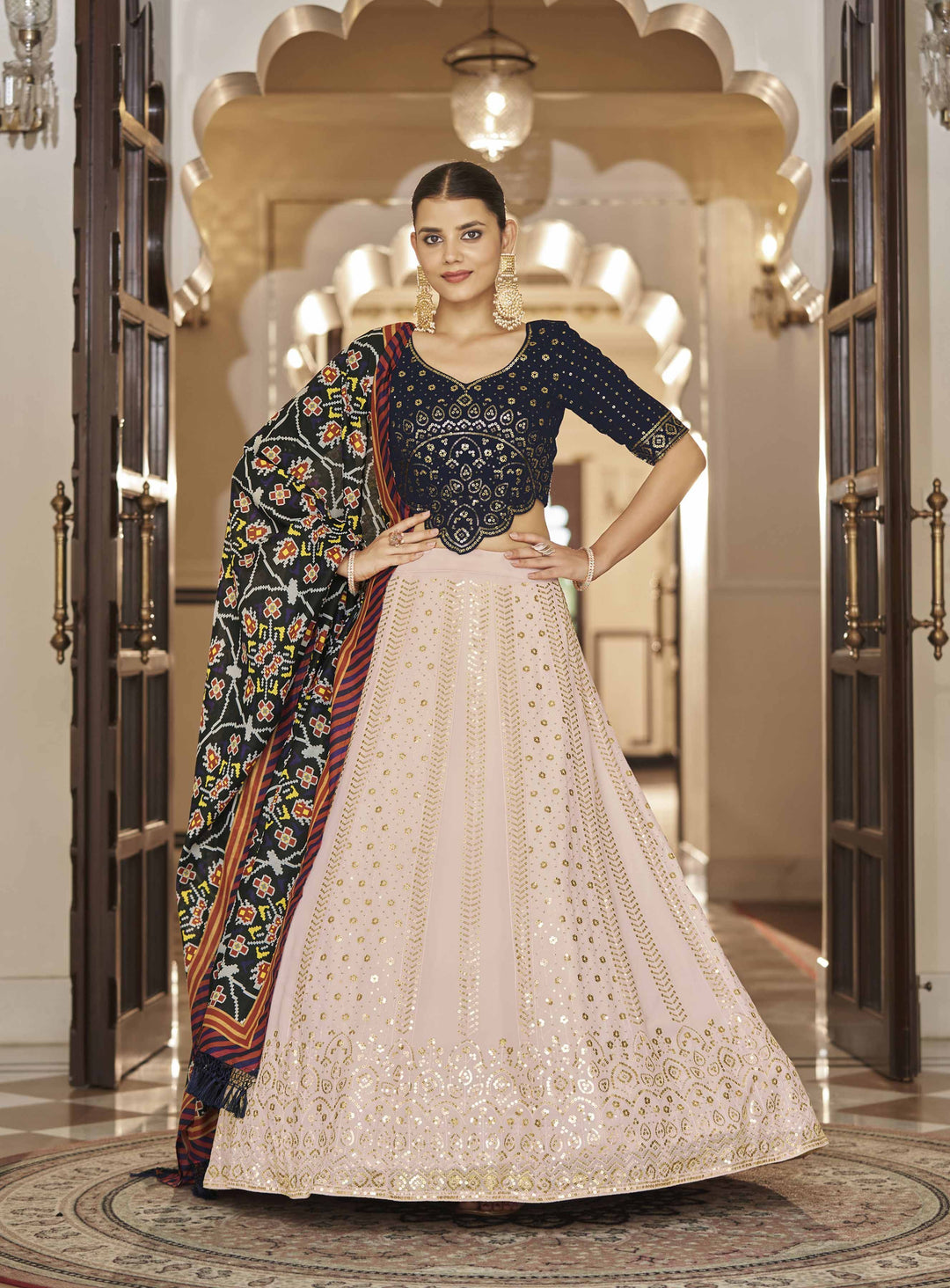 Navy Blue & Pink Georgette Lehenga Choli | Sequin & Embroidery Work for weddings