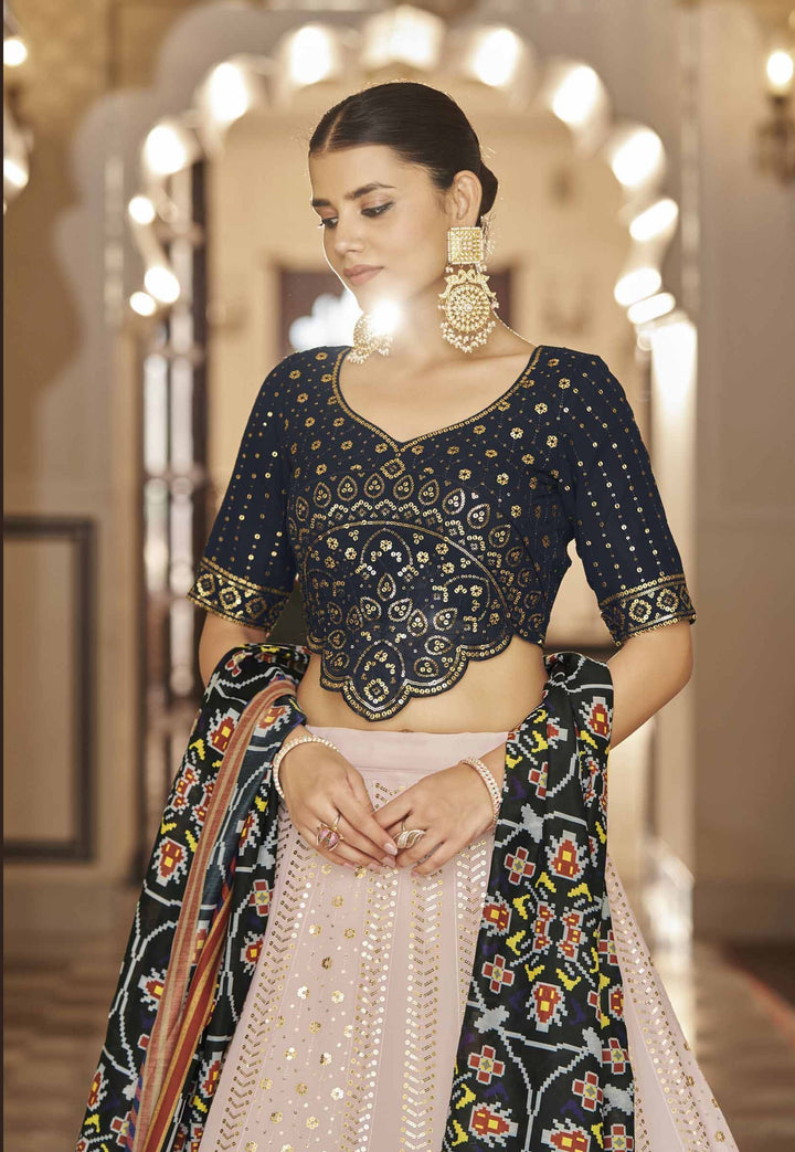 Navy Blue & Pink Georgette Lehenga Choli | Sequin & Embroidery Work for weddings