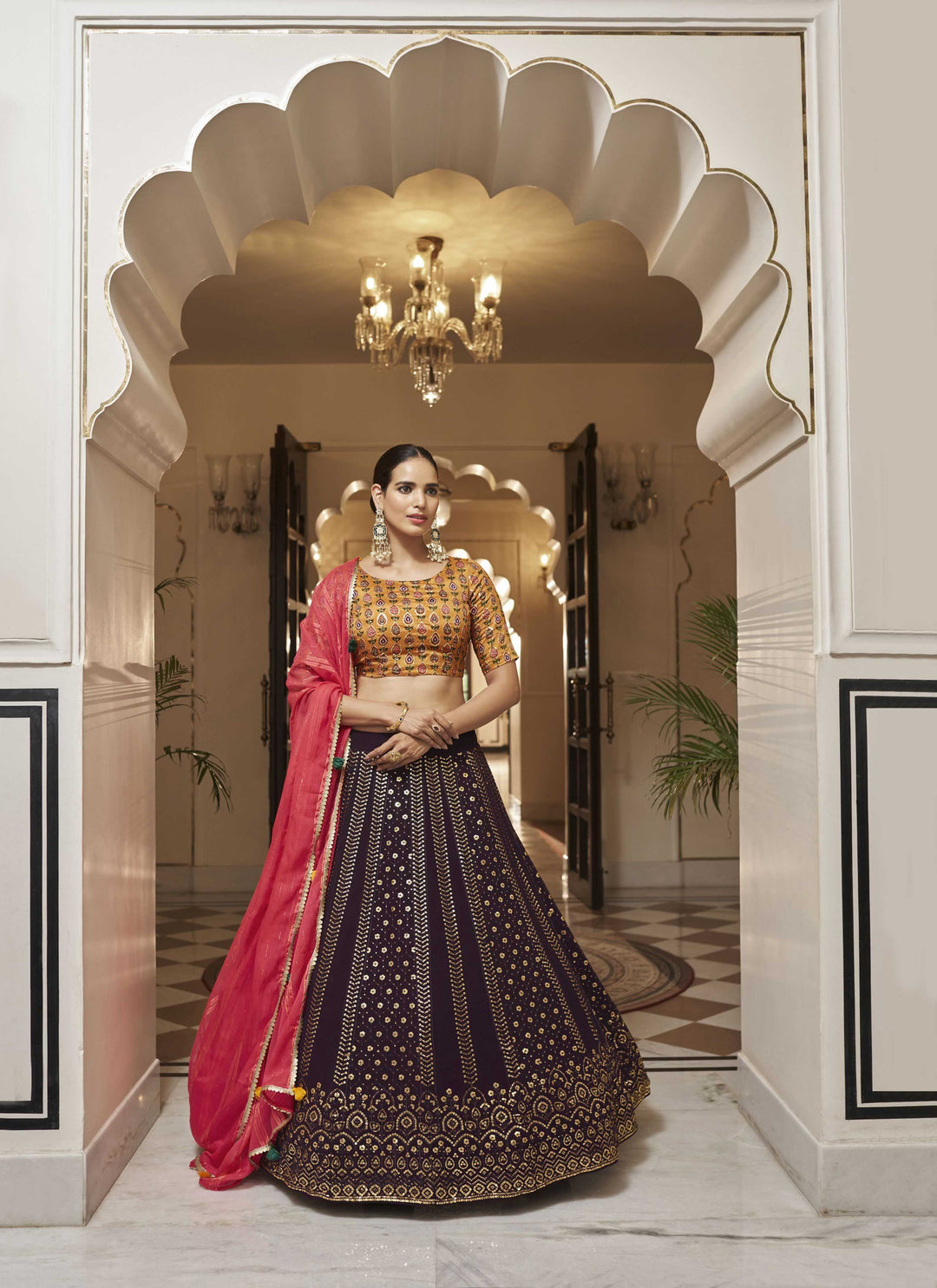 Designer Mustard and Purple Lehenga Choli with Heavy Sequins | Wedding Party Wear