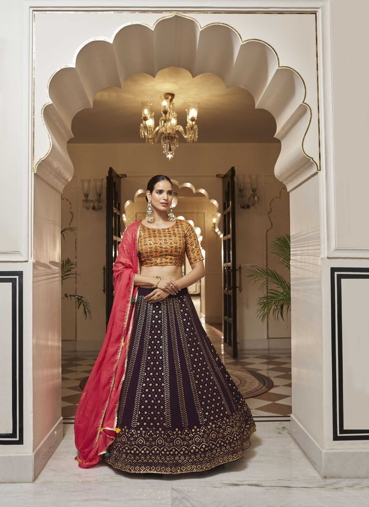 Designer Mustard and Purple Lehenga Choli with Heavy Sequins | Wedding Party Wear