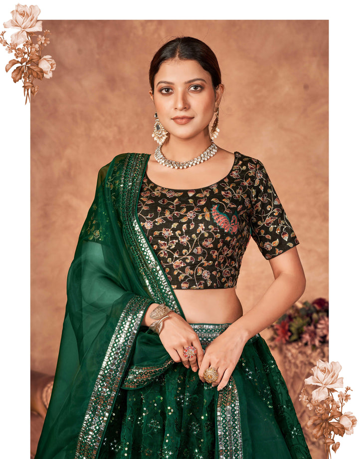 Dark Green Lehenga Choli | Designer Embroidery Work on Organza for weddings