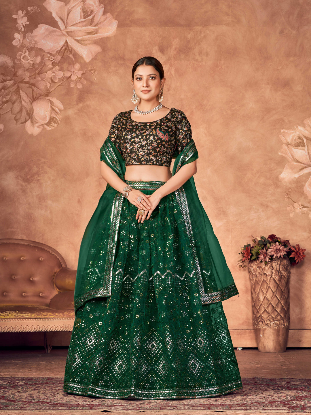 Dark Green Lehenga Choli | Designer Embroidery Work on Organza for weddings