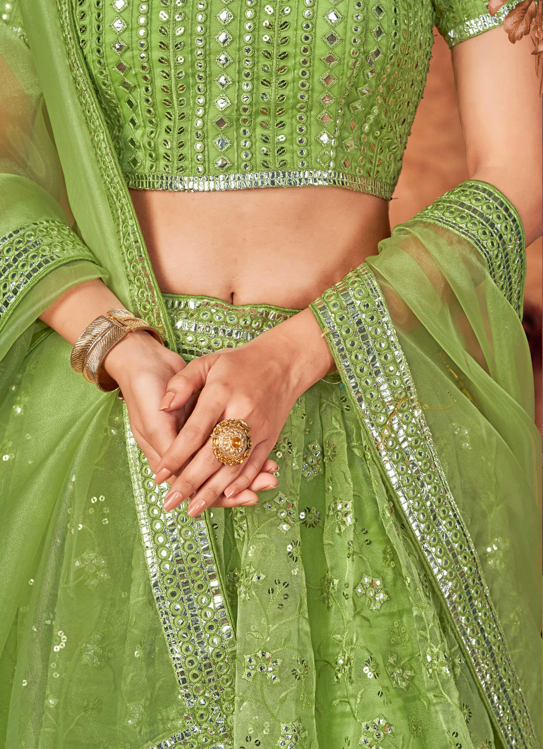 Pista Green Organza Lehenga Choli | Embroidery Work for Traditional Events