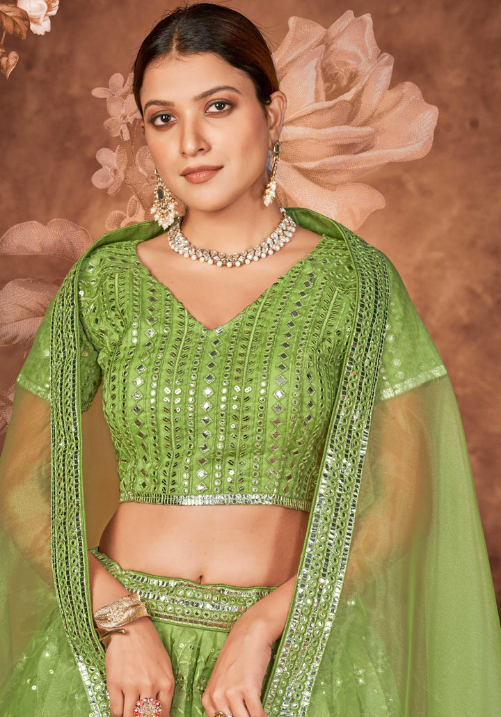 Pista Green Organza Lehenga Choli | Embroidery Work for Traditional Events