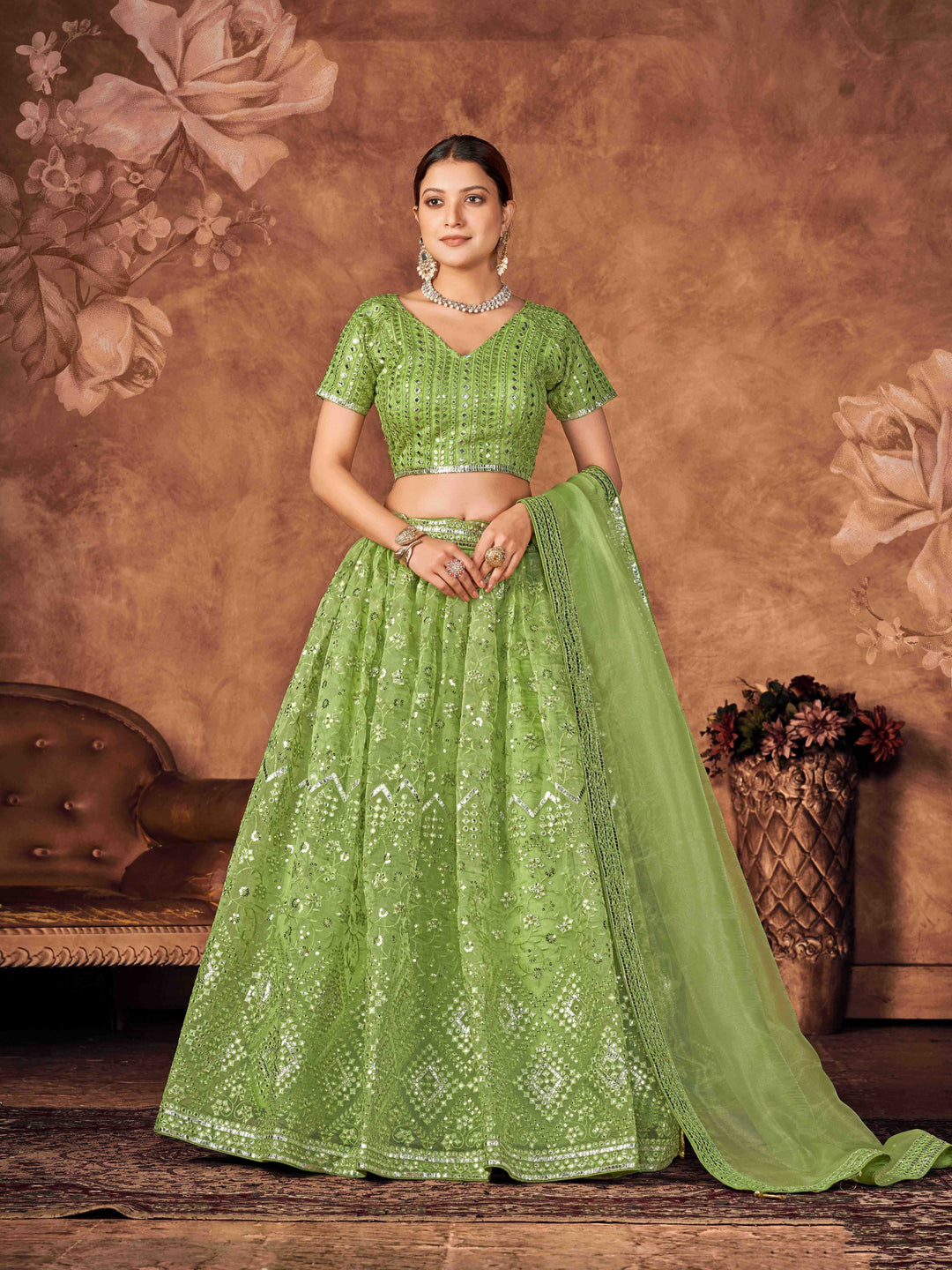 Pista Green Organza Lehenga Choli | Embroidery Work for Traditional Events