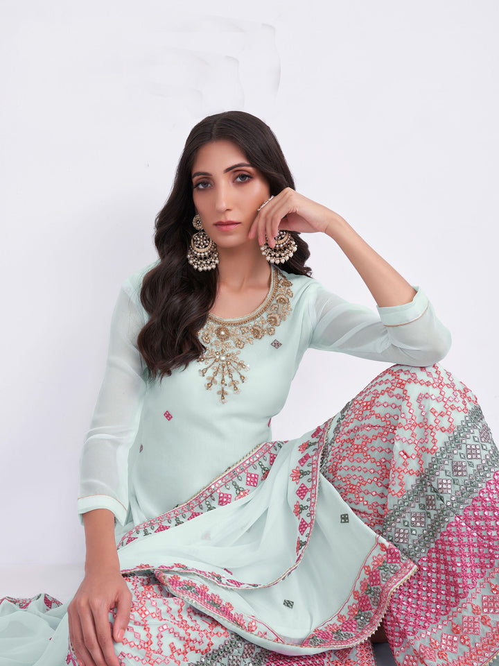 Designer Georgette Sharara Suit | Multi Thread, Sequence Embroidery & Khatli Work