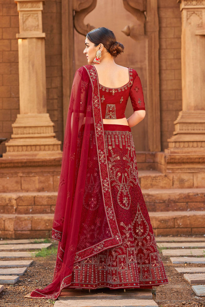 Red Net Partywear Lehenga Set | Designer Jari & Mirror Embroidery Work for weddings