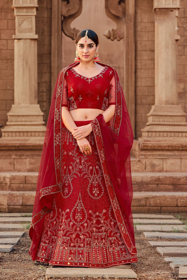 Red Net Partywear Lehenga Set | Designer Jari & Mirror Embroidery Work for weddings