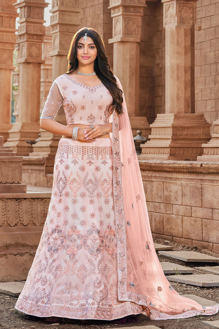 Light Peach Net Lehenga Set | Designer Jari & Mirror Embroidery Work for Weddings