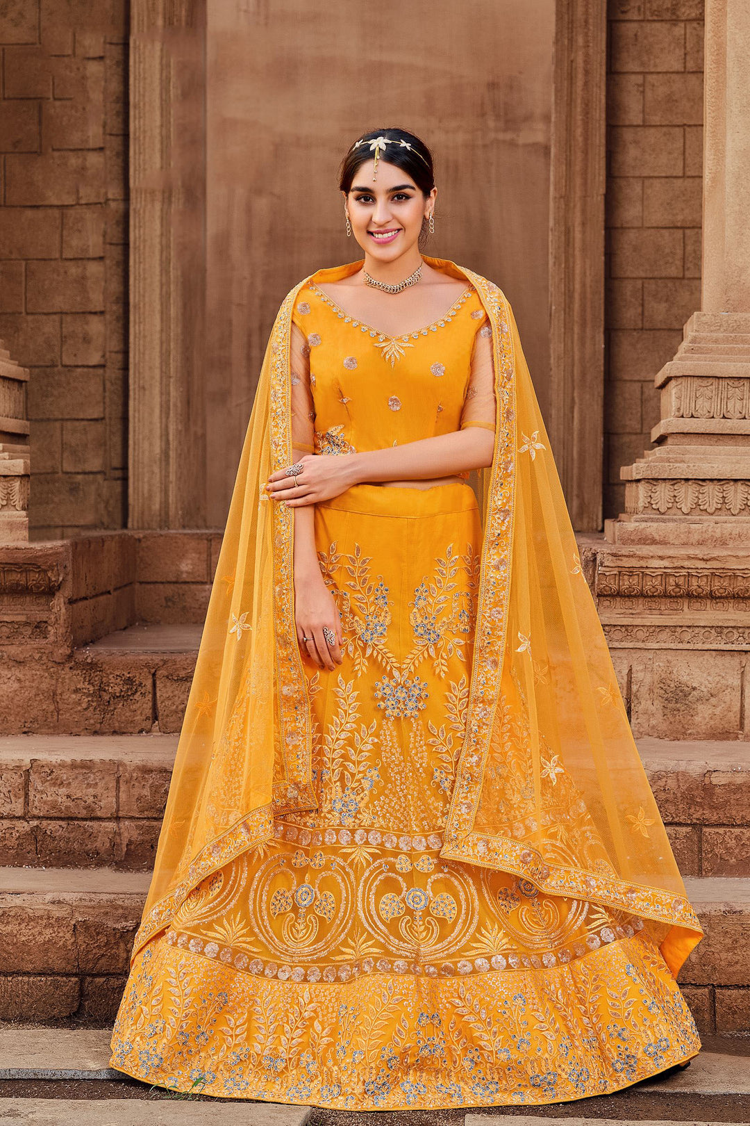 Mustard Designer Choli & Lehenga Set | Mirror Embroidery & Jari Work for weddings