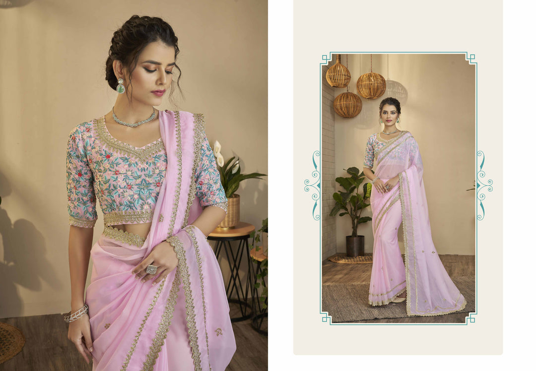 Exquisite Baby Pink Organza Saree with Baby Pink Blouse | A Captivating Traditional Ensemble