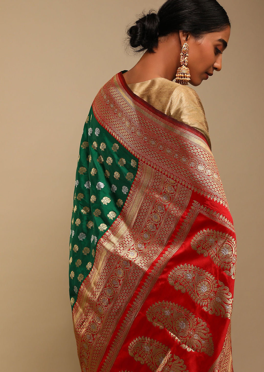 Elegant Green Banarasi Silk Saree with Gold Blouse | A Stylish and Sophisticated Choice