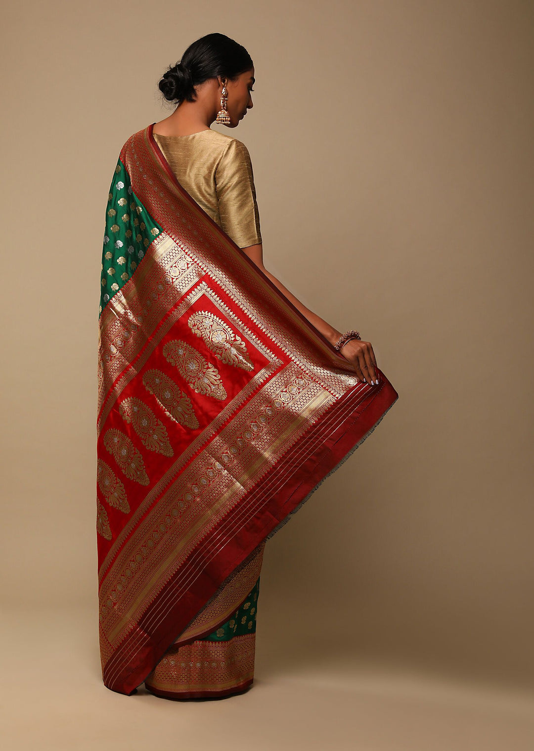 Elegant Green Banarasi Silk Saree with Gold Blouse | A Stylish and Sophisticated Choice