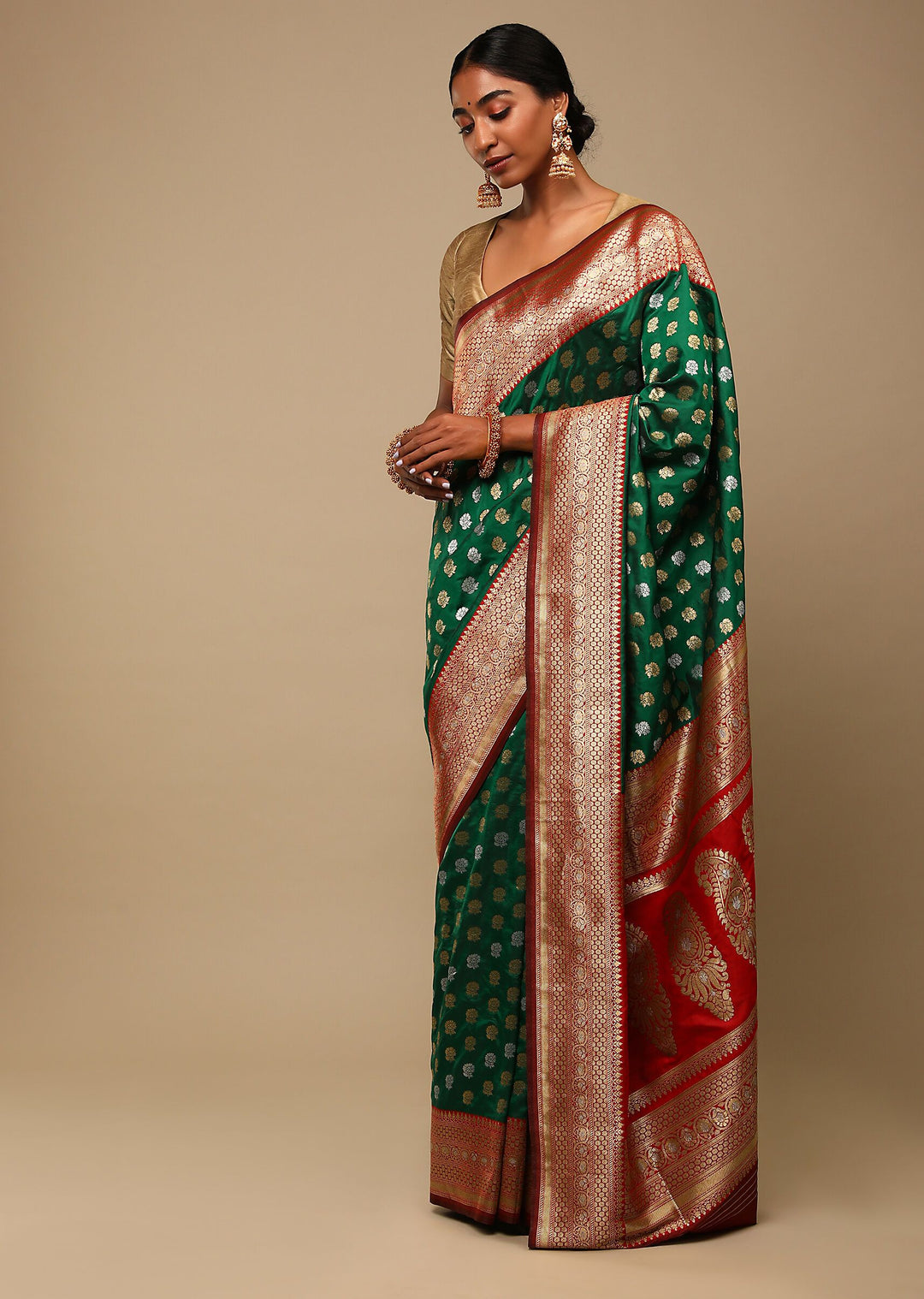 Elegant Green Banarasi Silk Saree with Gold Blouse | A Stylish and Sophisticated Choice