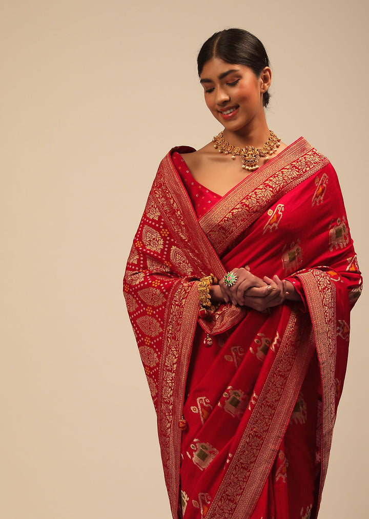 Luxurious Red Banarasi Silk Saree with Red Blouse | Crafted for Timeless Elegance