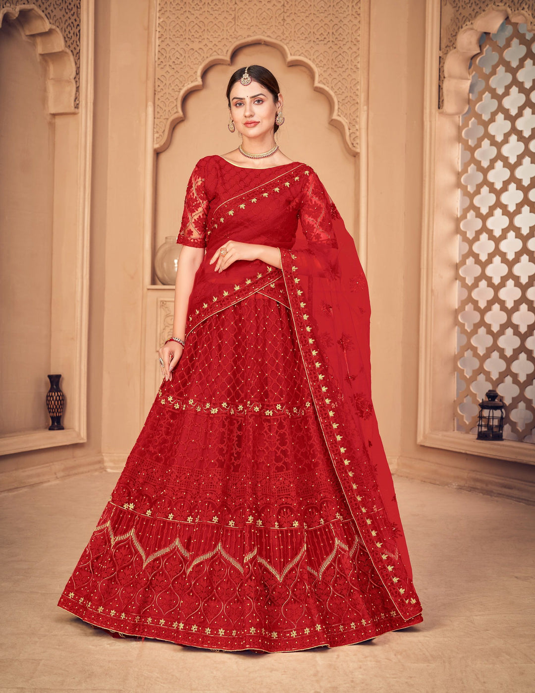 Designer Thread Embroidery Net Lehenga | Elegant Wedding & Party Wear