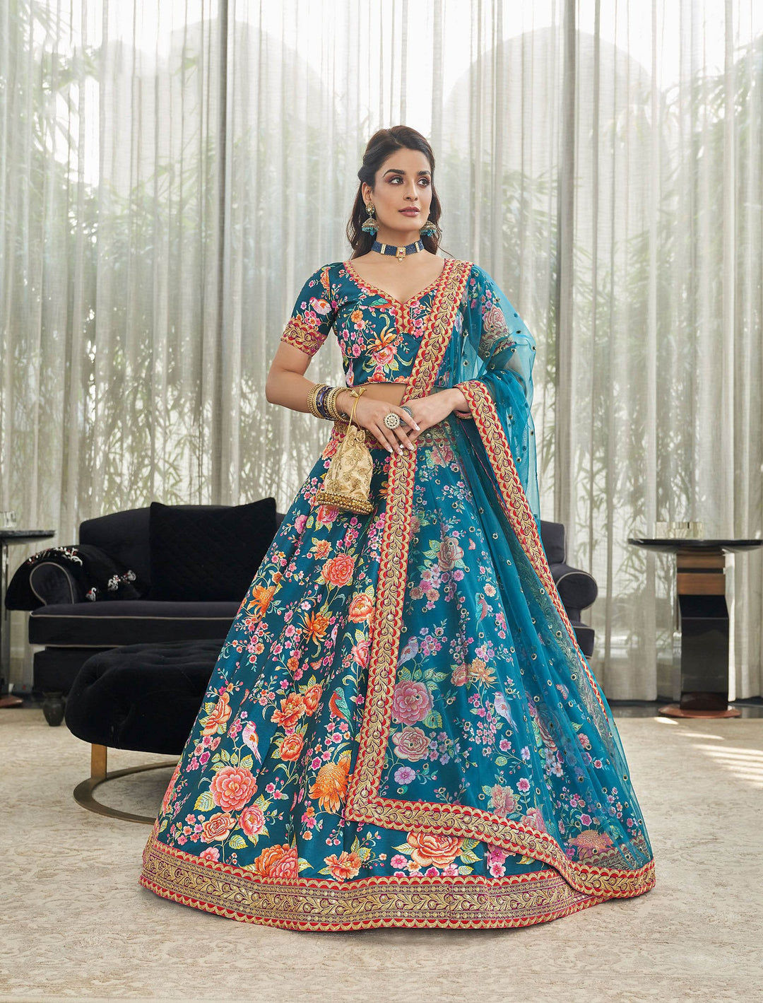 Art-Silk Digital Printed Lehenga | Dori, Sequins & Stone Work for Bridal