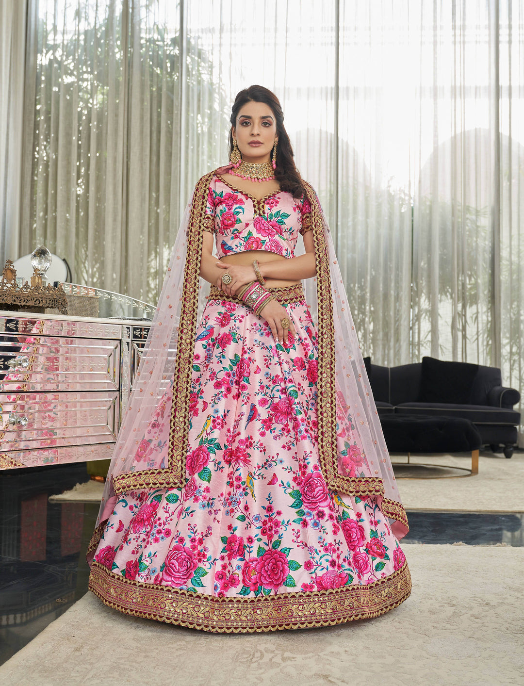 Art-Silk Digital Printed Lehenga | Dori, Sequins & Stone Work for Bridal