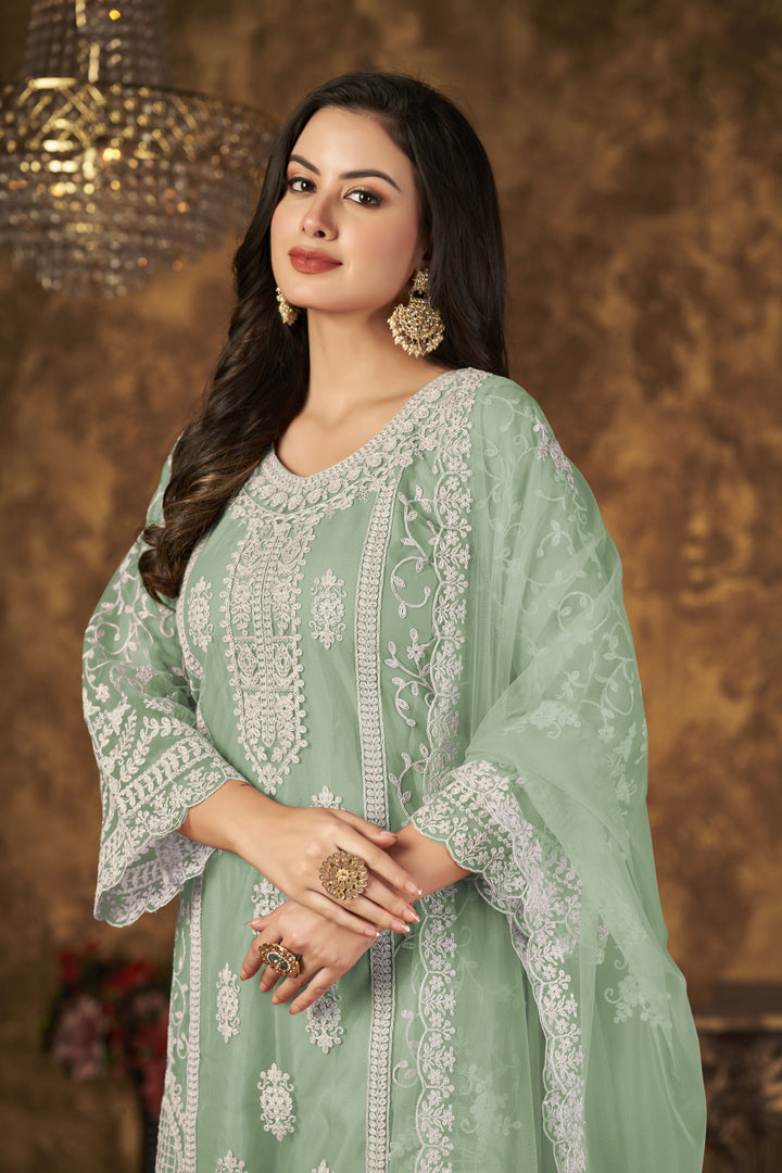 Designer Net Plazzo Suit | Santoon Bottom & Dupatta with Thread Embroidery