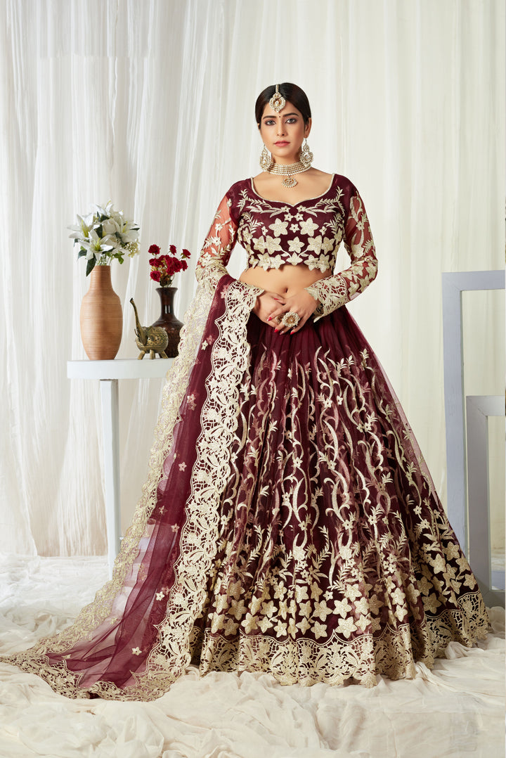 Designer Net Lehenga with Cut-Work & Embroidery | Perfect for Weddings