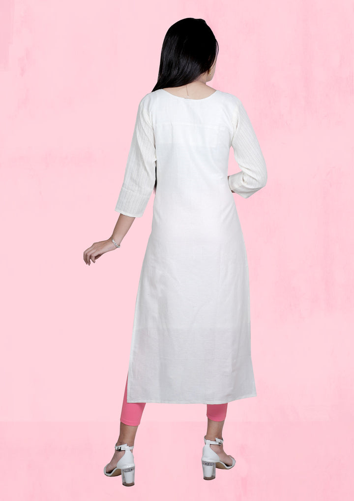 Stylish Long Kurti in White | Perfect Blend of Wevon and Embroidery Design