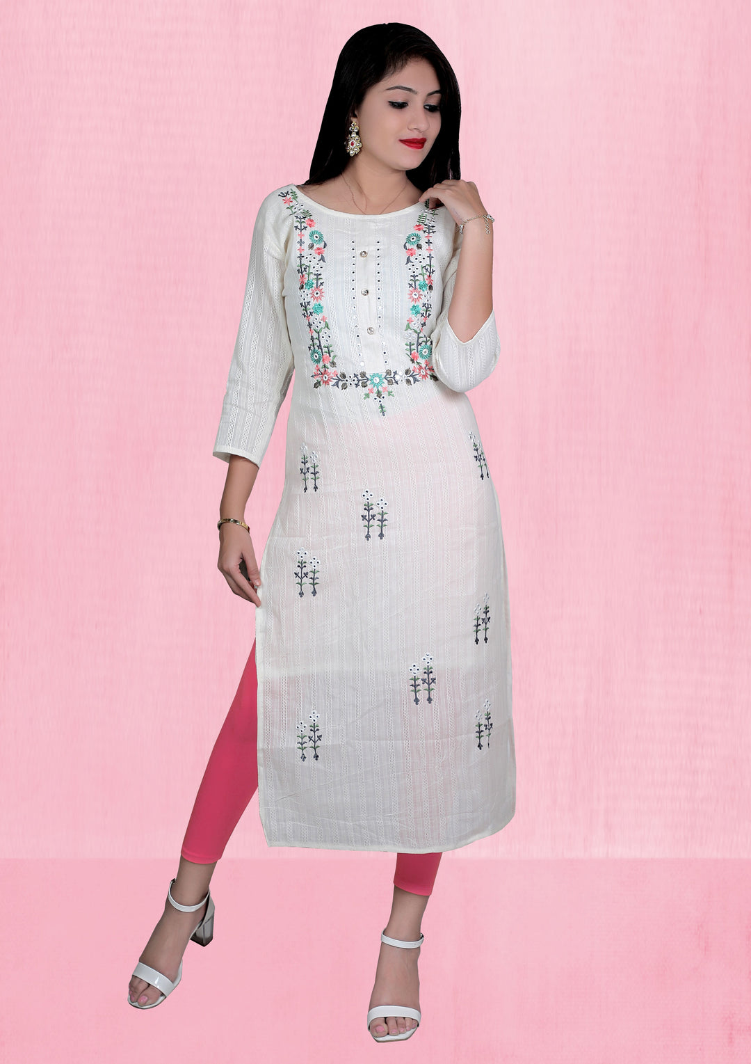 Stylish Long Kurti in White | Perfect Blend of Wevon and Embroidery Design