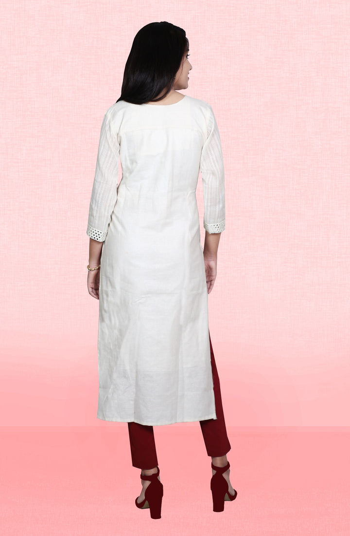 White Embroidered Kurti in Khadi Cotton | Festive and Casual Wear