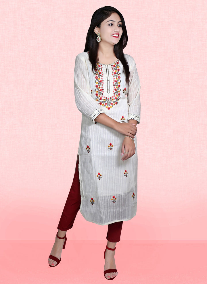 White Embroidered Kurti in Khadi Cotton | Festive and Casual Wear