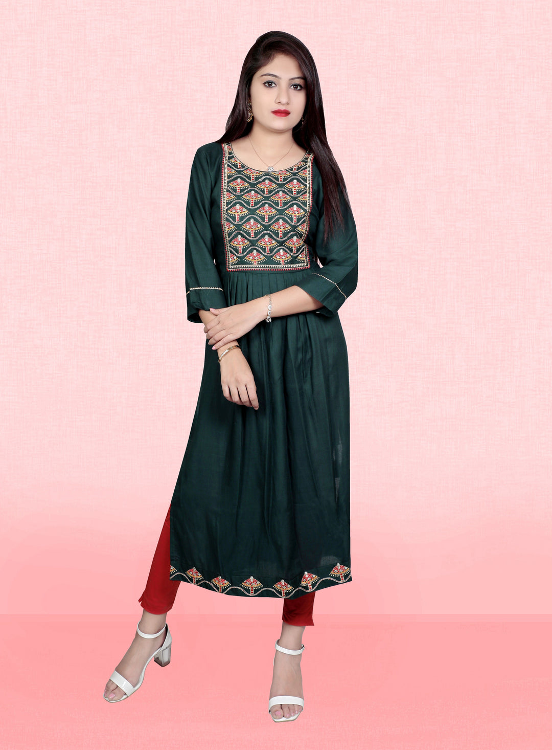 Stylish Green Rayon Kurti for Women | Perfect Ethnic Wear with Embroidery