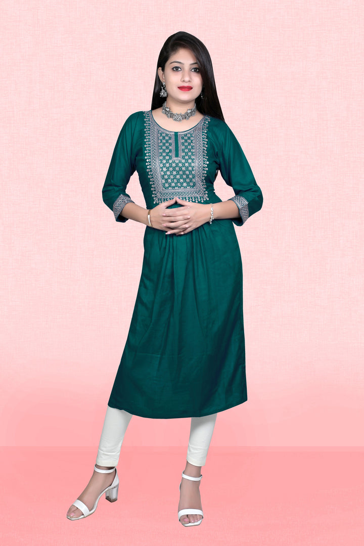 Designer Green Long Kurti in Rayon | Lightweight and Comfortable Outfit