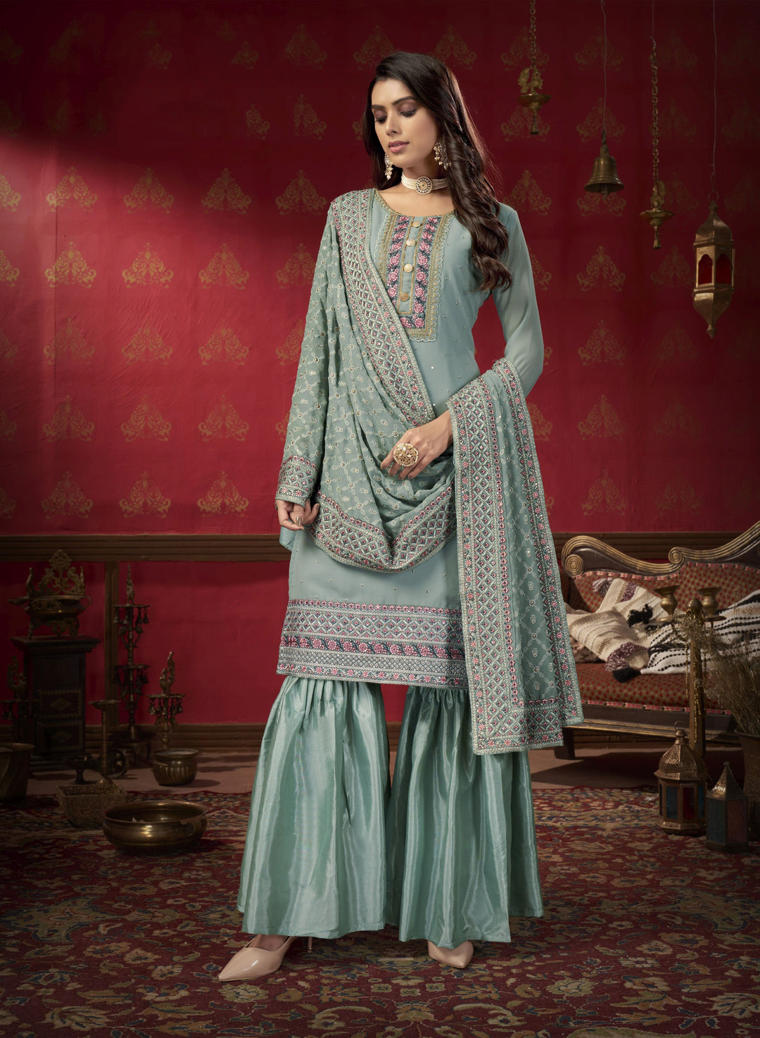 Elegant Faux Georgette Suit | Multi-Embroidery Work with Santoon Bottom & Dupatta