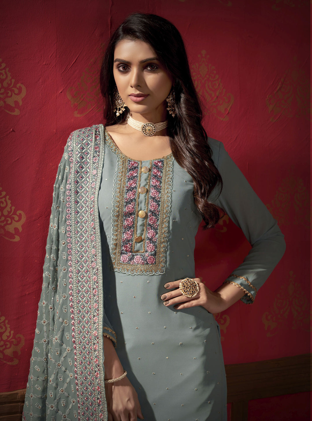 Elegant Faux Georgette Suit | Multi-Embroidery Work with Santoon Bottom & Dupatta