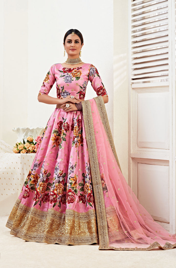 Floral Print Banglori Silk Lehenga | Elegant Dori & Jari Work for Events