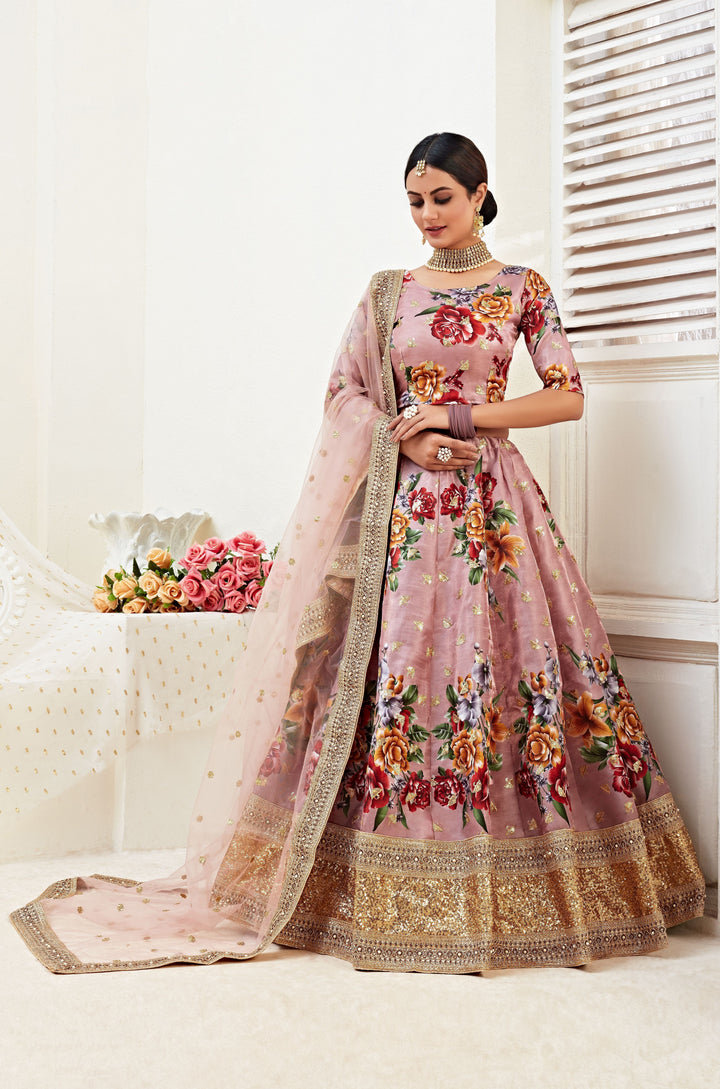 Floral Print Banglori Silk Lehenga | Elegant Dori & Jari Work for Events