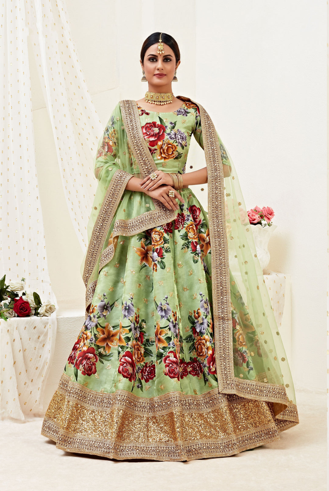 Floral Print Banglori Silk Lehenga | Elegant Dori & Jari Work for Events