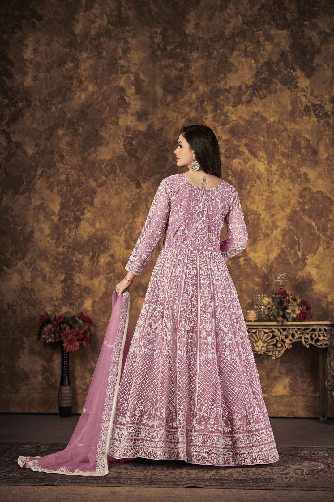 Stylish Net Anarkali Suit | Designer Thread Embroidery with Santoon Bottom