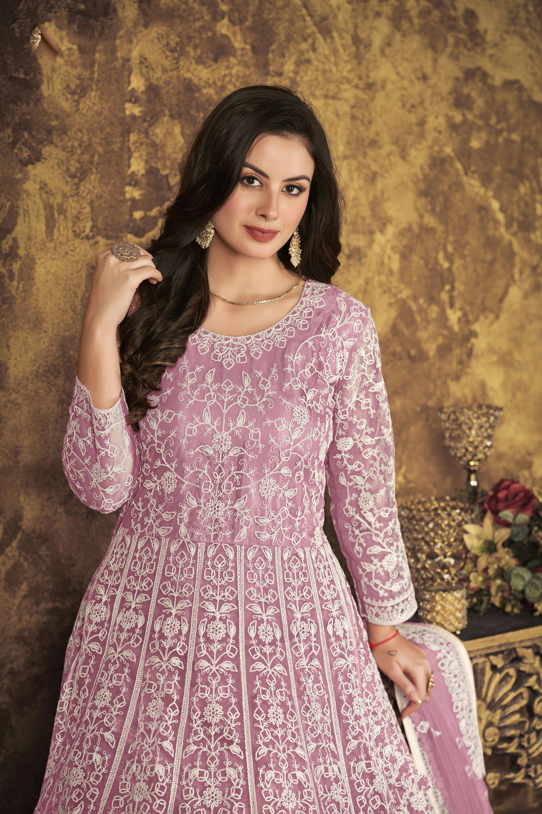 Stylish Net Anarkali Suit | Designer Thread Embroidery with Santoon Bottom