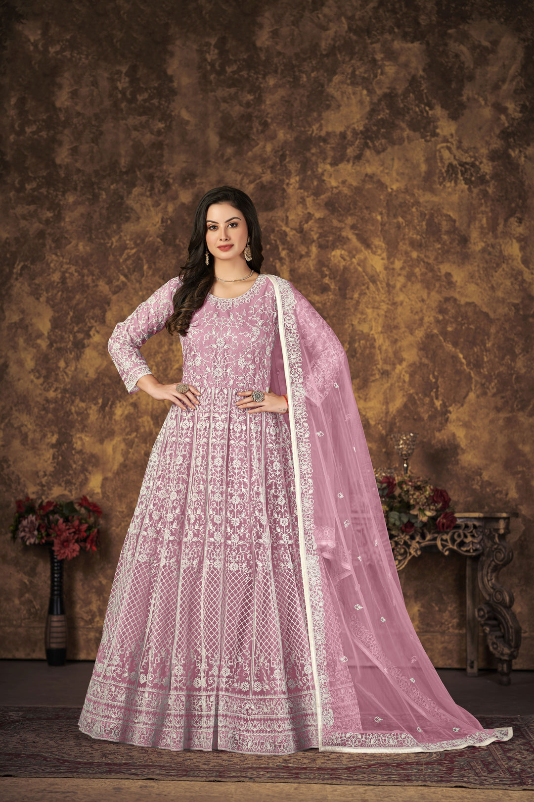 Stylish Net Anarkali Suit | Designer Thread Embroidery with Santoon Bottom