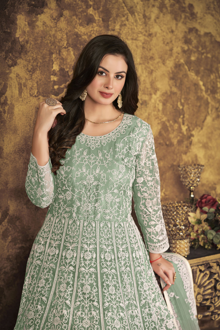 Stylish Net Anarkali Suit | Designer Thread Embroidery with Santoon Bottom