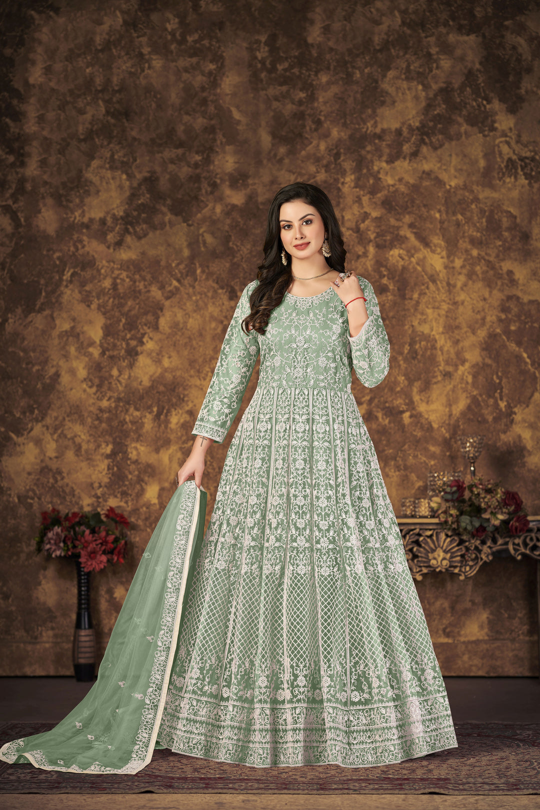 Stylish Net Anarkali Suit | Designer Thread Embroidery with Santoon Bottom