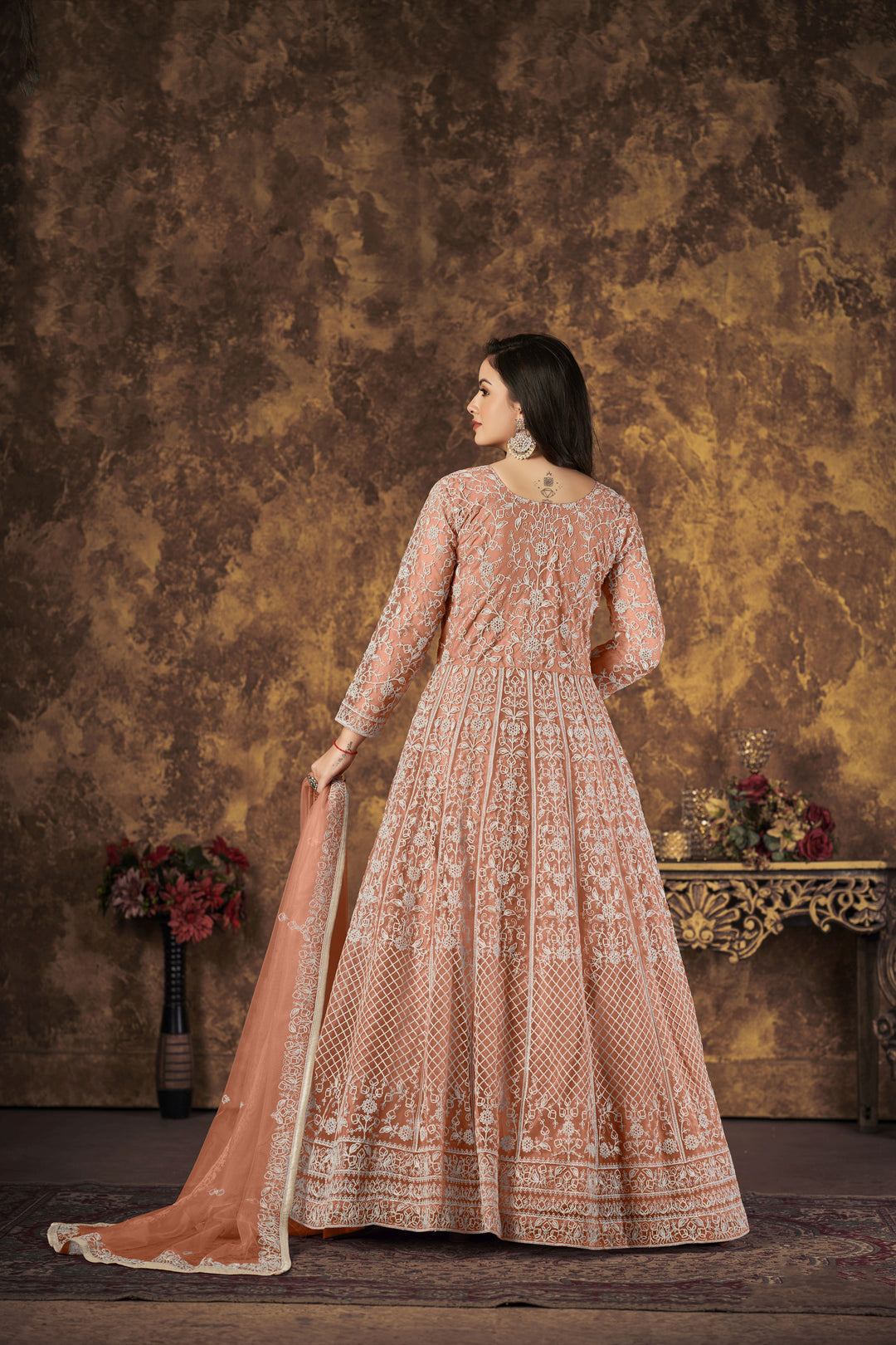 Stylish Net Anarkali Suit | Designer Thread Embroidery with Santoon Bottom