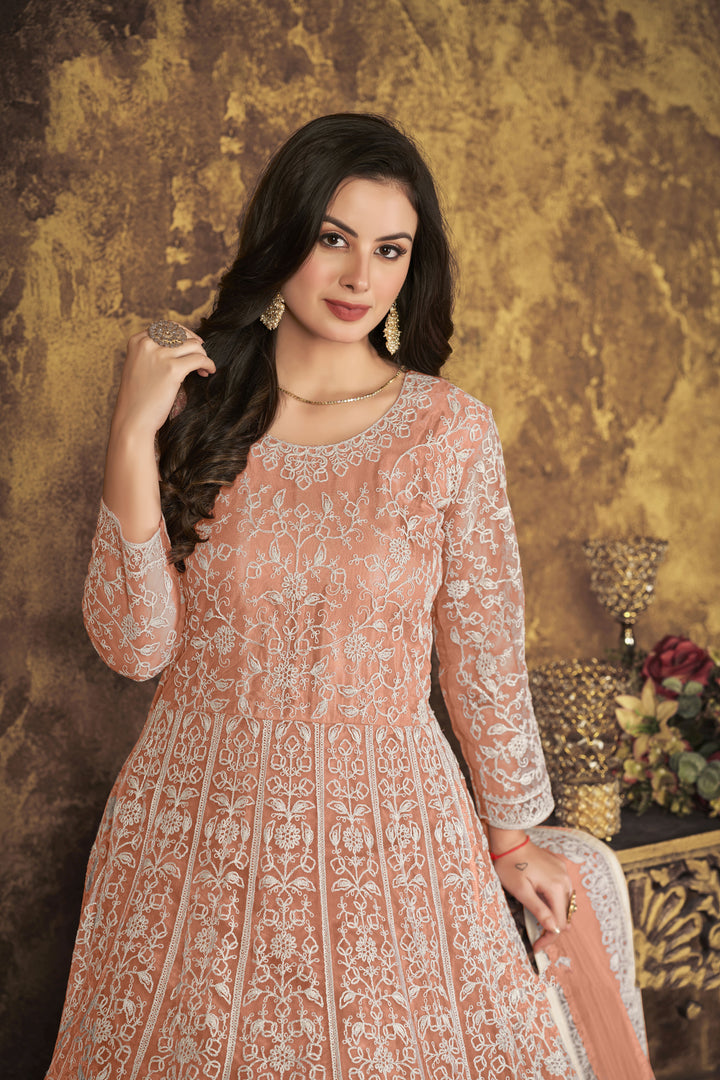 Stylish Net Anarkali Suit | Designer Thread Embroidery with Santoon Bottom