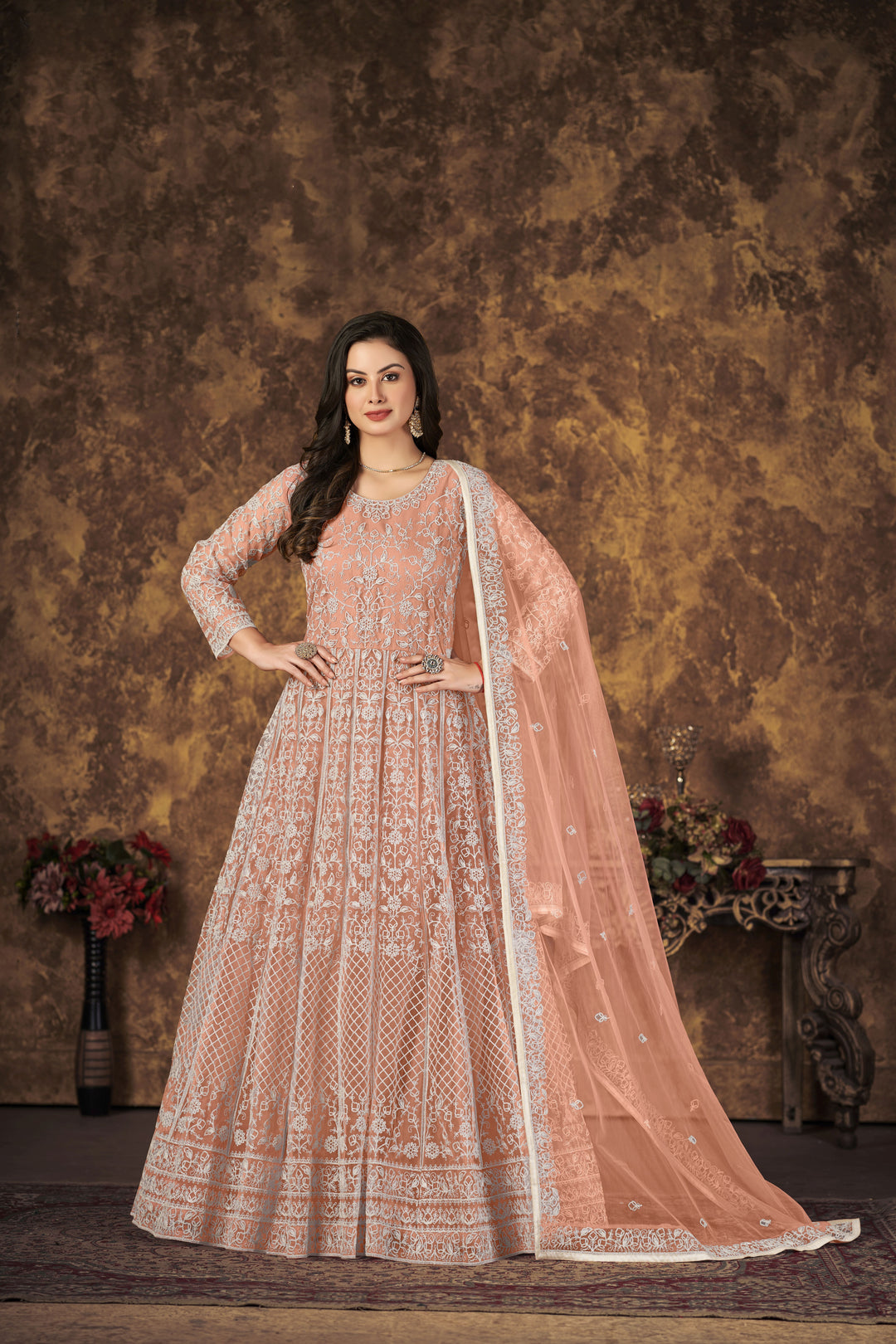 Stylish Net Anarkali Suit | Designer Thread Embroidery with Santoon Bottom