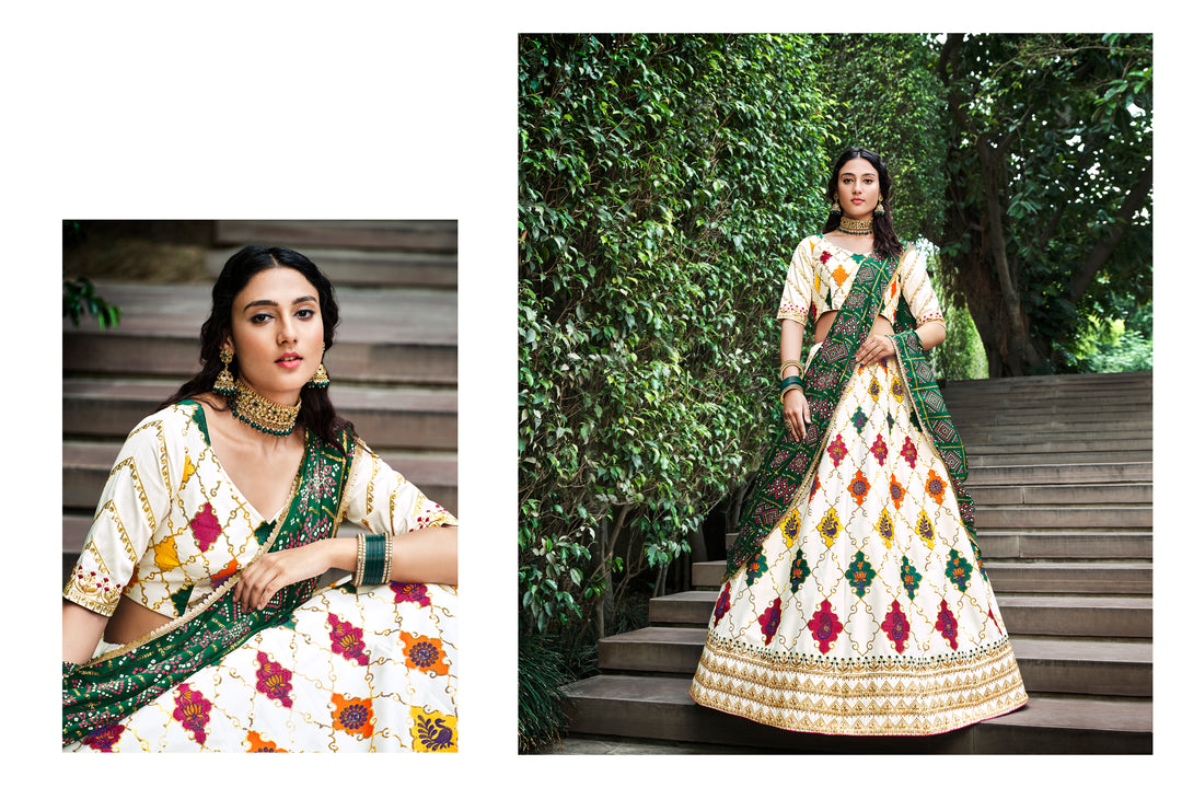 Beautiful White Silk Lehenga with Green Dupatta | Perfect for Weddings and Celebrations